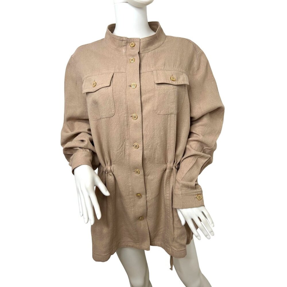 Susan Graver Jacket Top Taupe 1X Long Sleeve Mandarin Collar Buttons Linen Blend